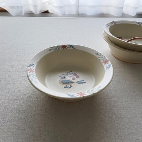 インコとさくらんぼの深皿　6寸/Parakeet and cherries deep plate