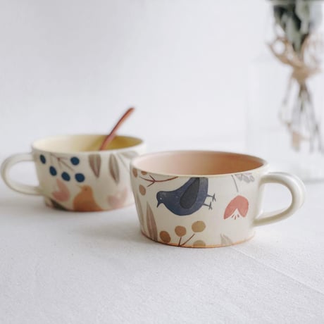 鳥とお花のスープカップ/Bird and flower soup cup