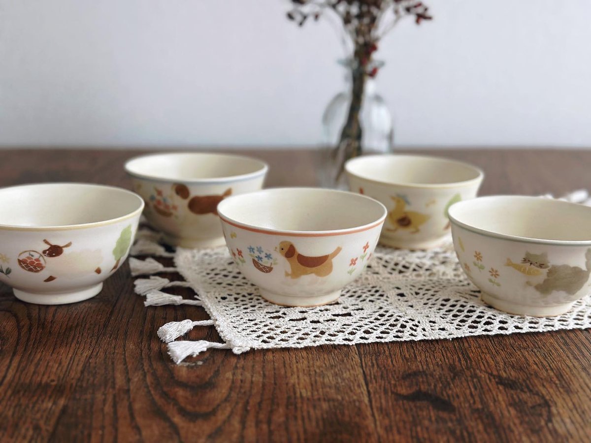 動物イラスト付き陶器茶碗2個セット 動物イラスト付き陶器茶碗2個セット