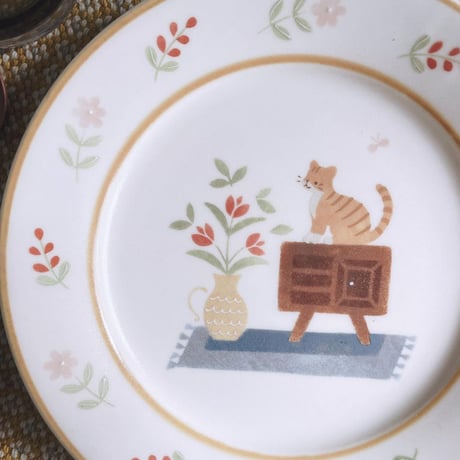 猫とお花のパスタ皿　7寸/cat and flower pasta plate