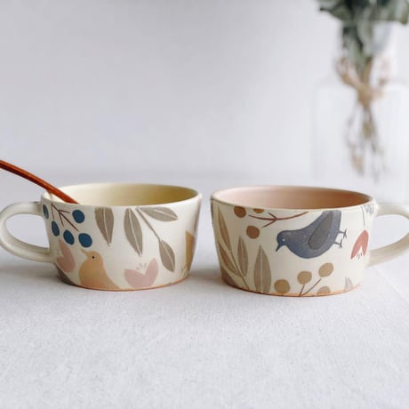 鳥とお花のスープカップ/Bird and flower soup cup