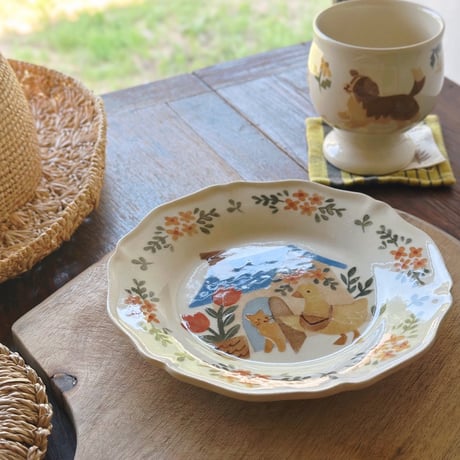 花リム皿“ねこのお家”/Flower Rim Plate "Cat's House"
