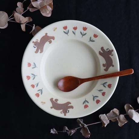 クマとチューリップのリム皿/bear and tulip rim dish