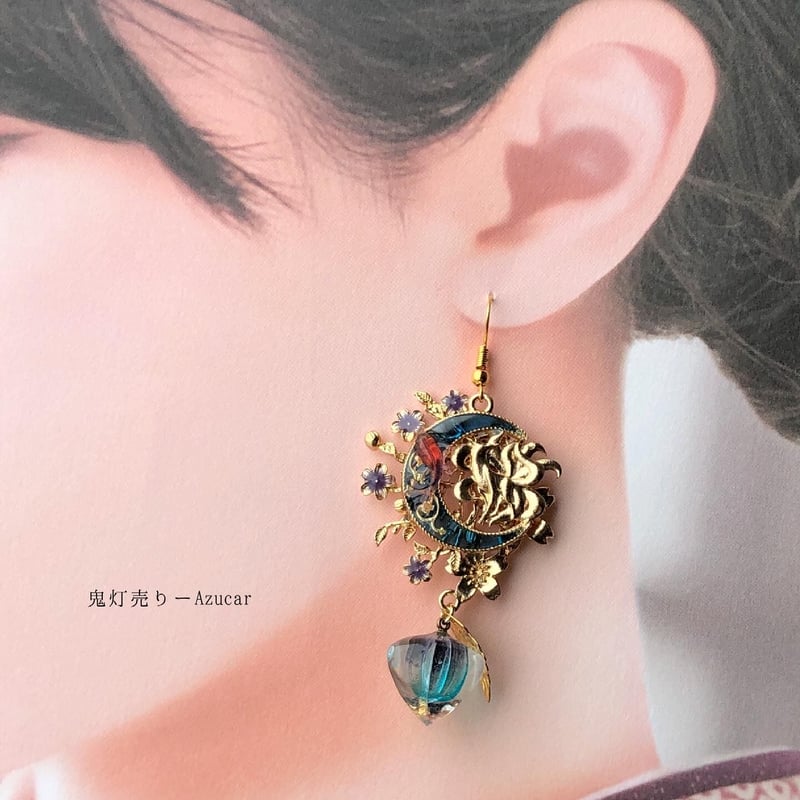 猫面と鬼灯　モルフォ蝶　レジンほおずき　和ゴス　水引　タッセル　ピアス 金魚と九尾狐の舞いと鬼灯 蓮と蝶々 レジンほおずきの