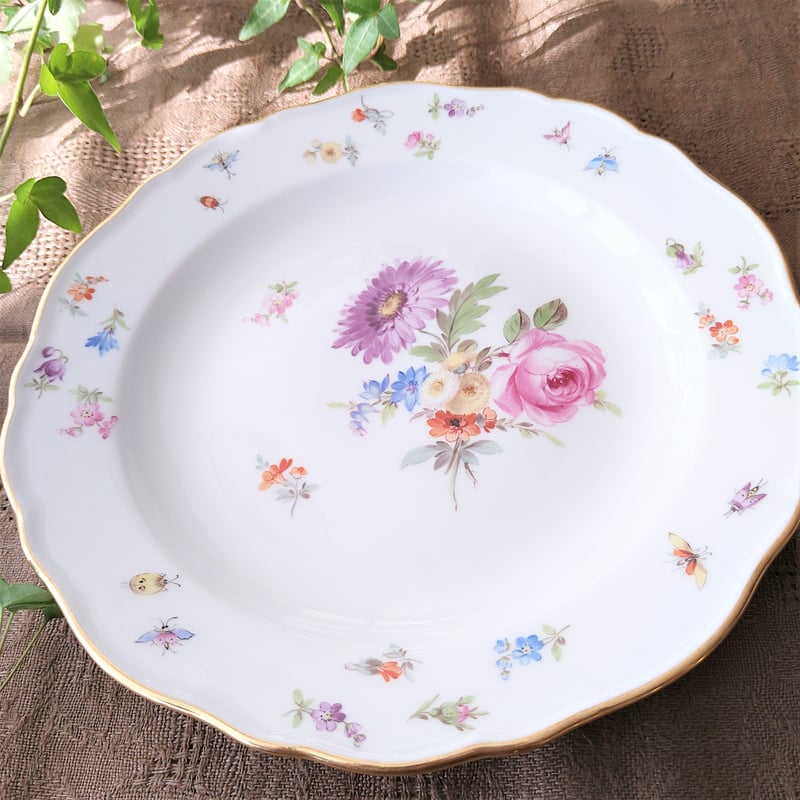 1860～1924年Meissen花と昆虫の絵の前菜皿21㎝D紫のアスターと
