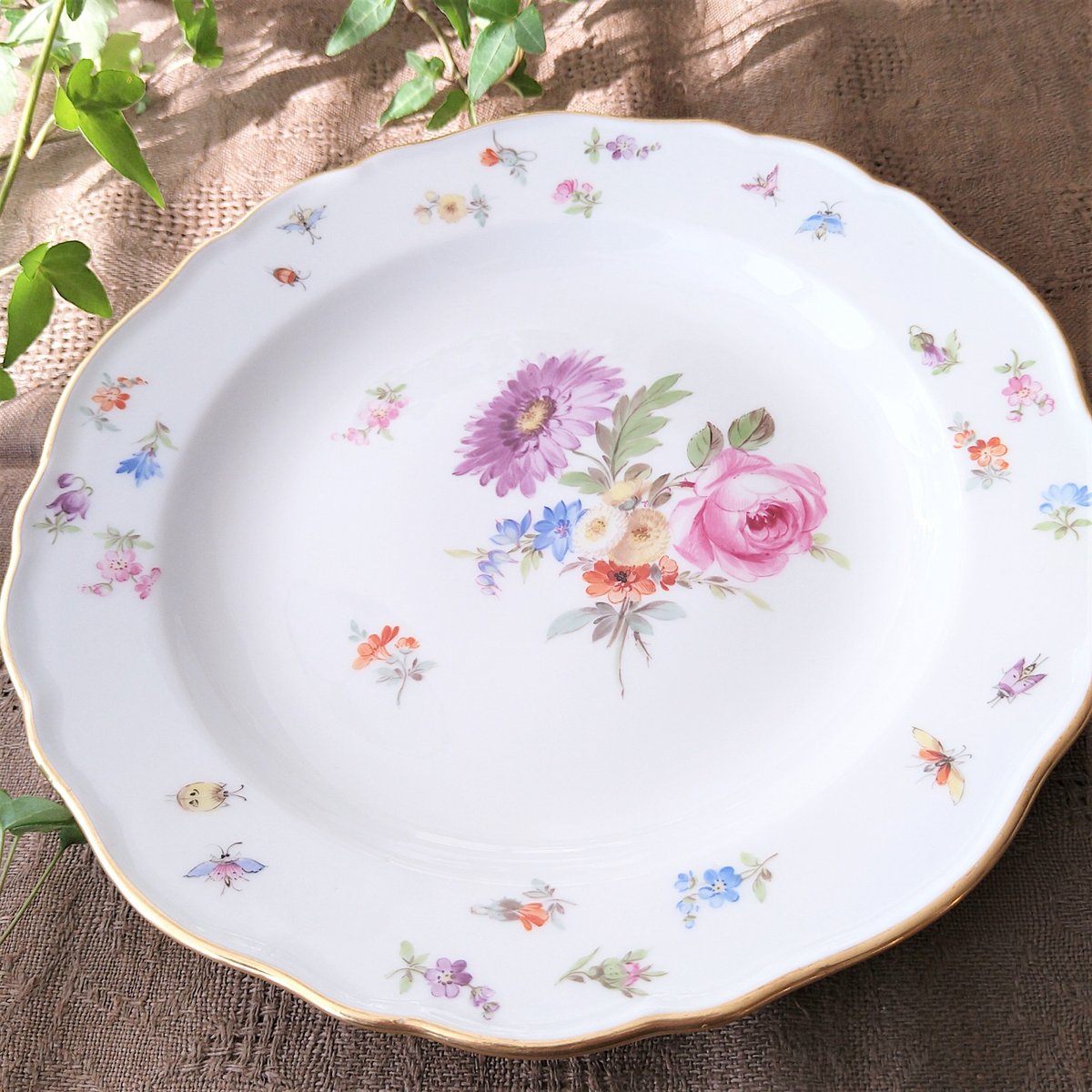 【古マイセン】トレイ 大角皿／サーヴィス ディスプレイ「ブーケと昆虫」※難有り 古マイセン】トレイ 大角皿／サーヴィス ディスプレイ「ブーケと