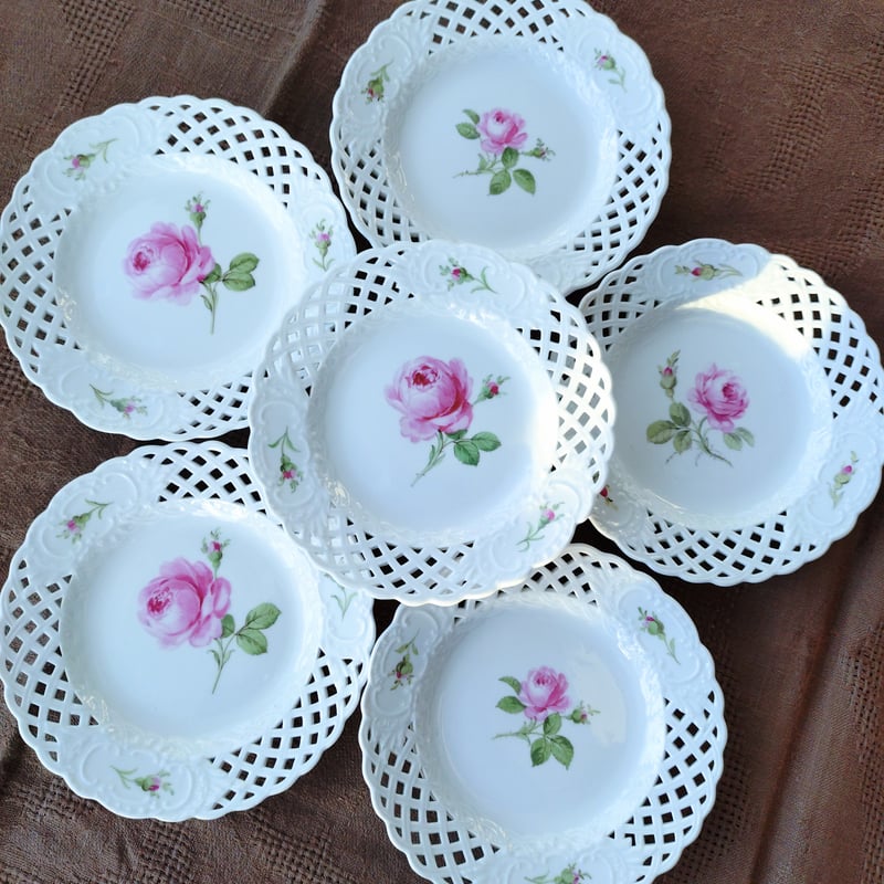 1924年以前MeissenピンクのバラRoteRoseレースのパン皿直径約15㎝D