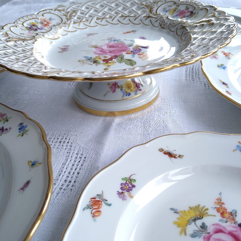 1924年以前Meissenマイセンオープンワークとドイツフラワー金彩