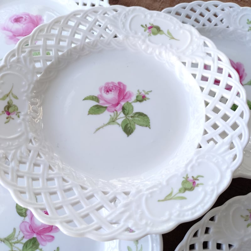 1924年以前MeissenピンクのバラRoteRoseレースのパン皿直径約15㎝D