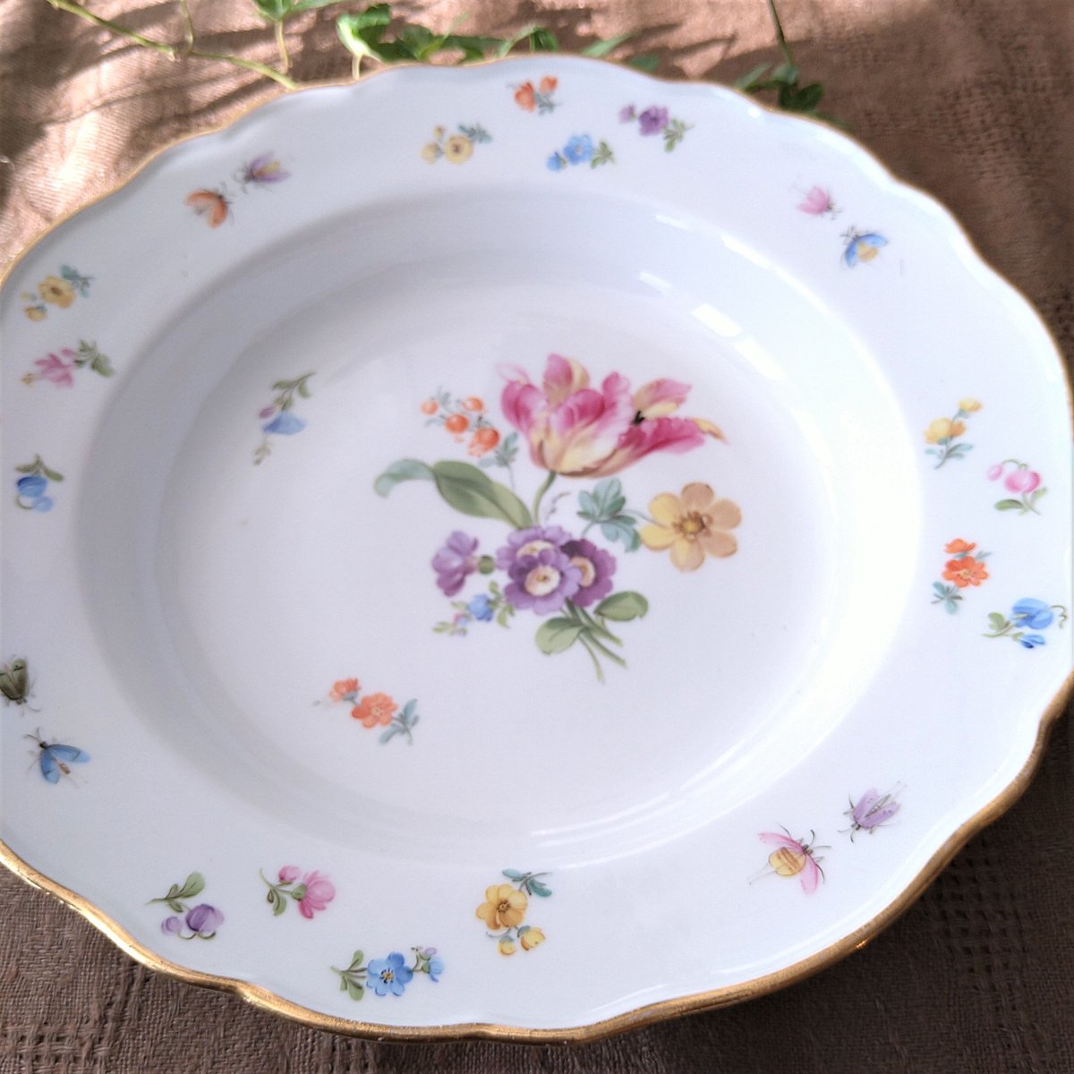 古マイセン】印象主義 自然主義／深皿 プレート ボウル「花と昆虫