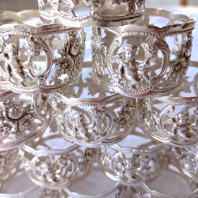 ウィドマン　アンティーク　ナプキンリング　6個セット　シルバー835 銀器 ドイツ 純銀 シルバー835 ローズデザイン ナプキンリング6個セット