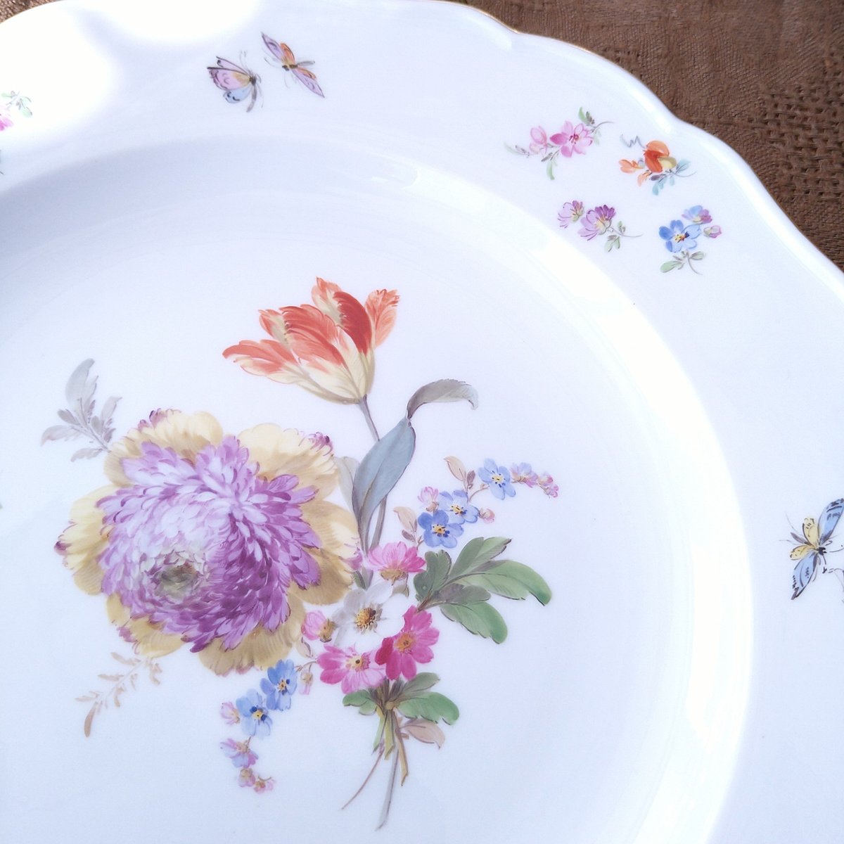 1860～1924年Meissen花と昆虫の絵 ディナープレート24㎝D黄色と