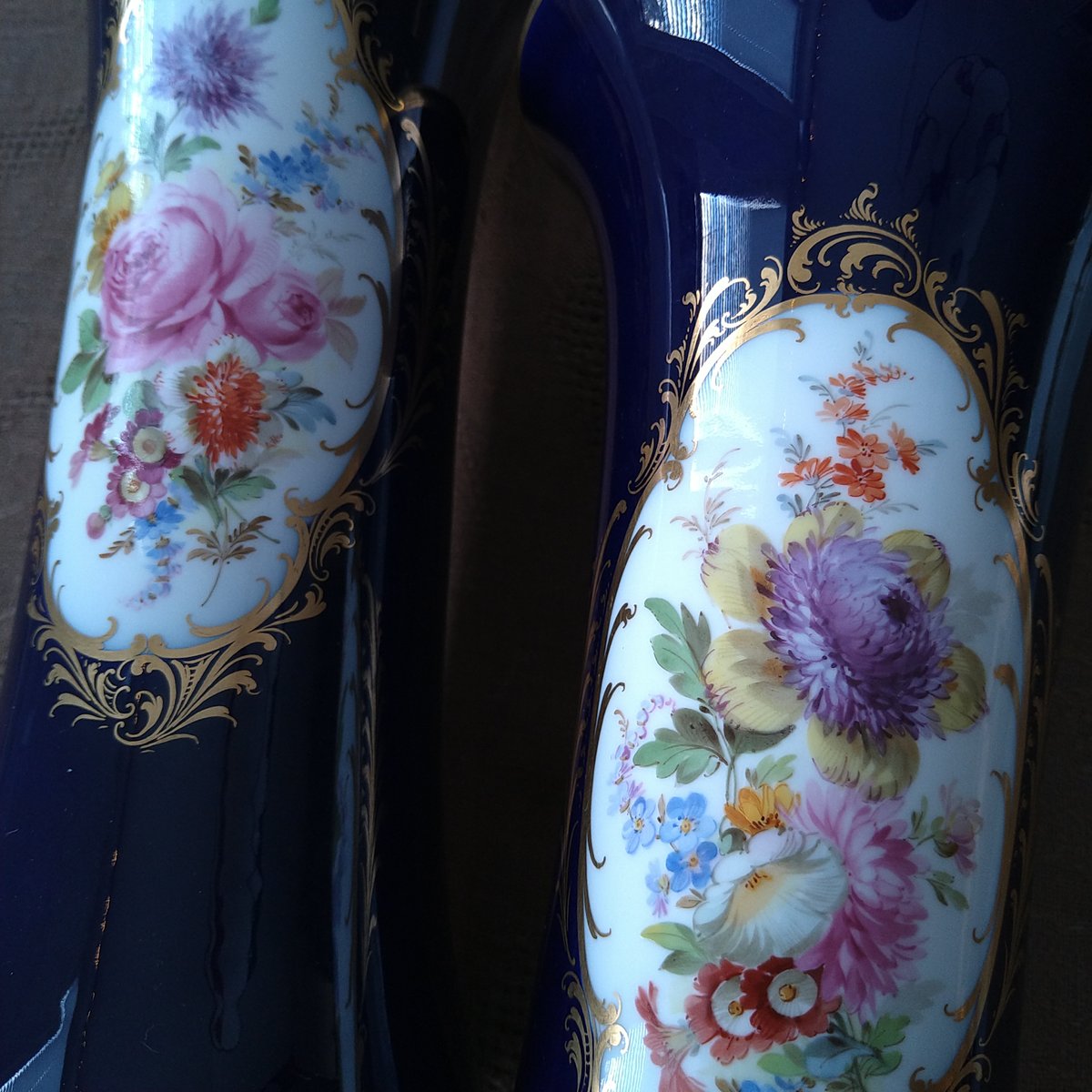 Meissenマイセン1924年以前のコバルト/2面にドイツフラワーの花瓶Vase 