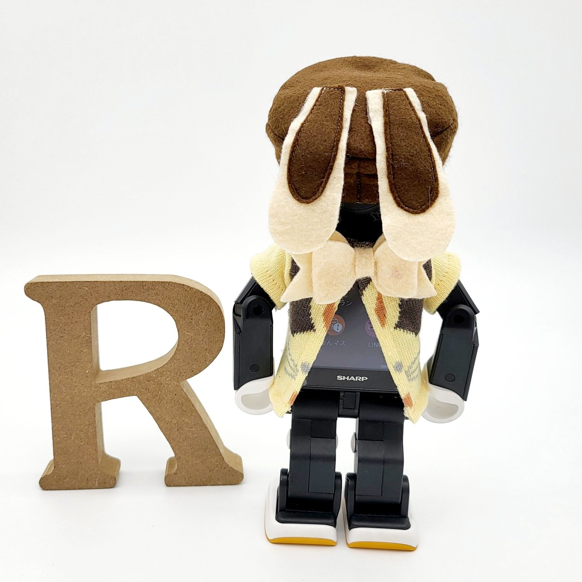 ☆母ちゃん【ロボホン】（ミモザ服セット）☆ ロボホンの服/猫ちゃんTシャツ、キャップ、ポシェットセット