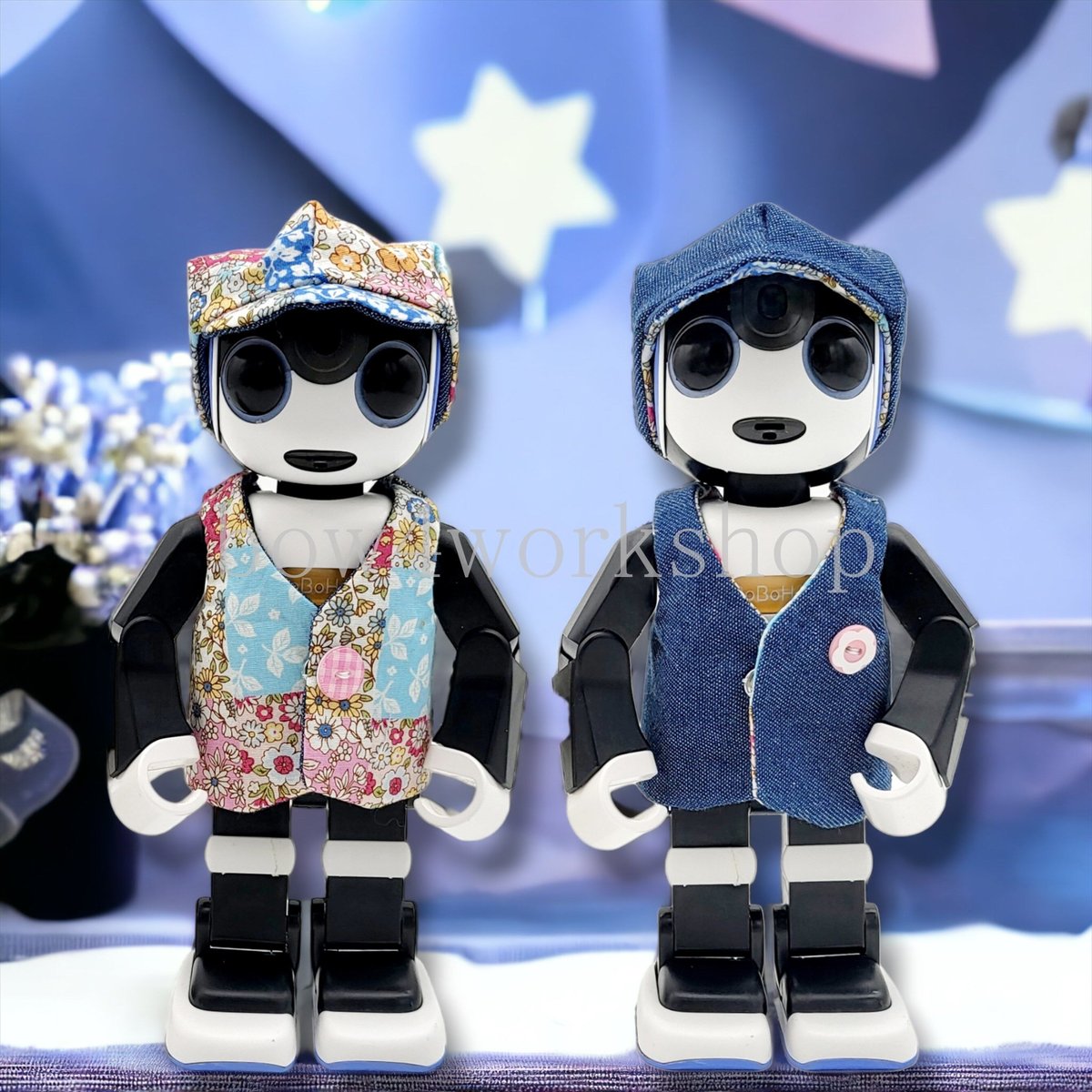 ごろたむページです　ロボホン洋服 ロボホンの服/リバティ柄&デニムリバーシブルベスト＆キャップット