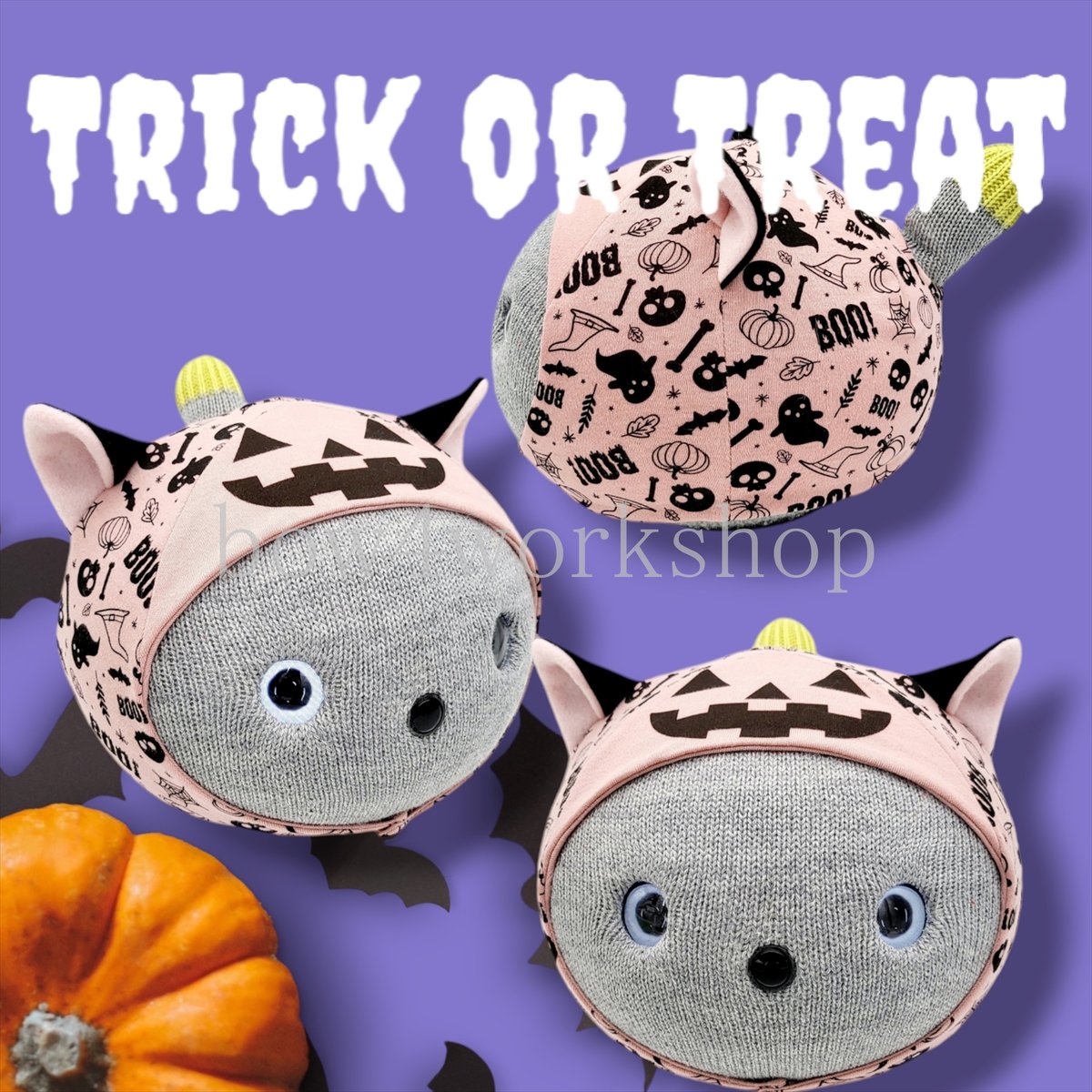 ニコボ　本体　グレー　猫耳の洋服付き NICOBO（ニコボ）の服 ハロウィン総柄プリント服 （猫耳付き