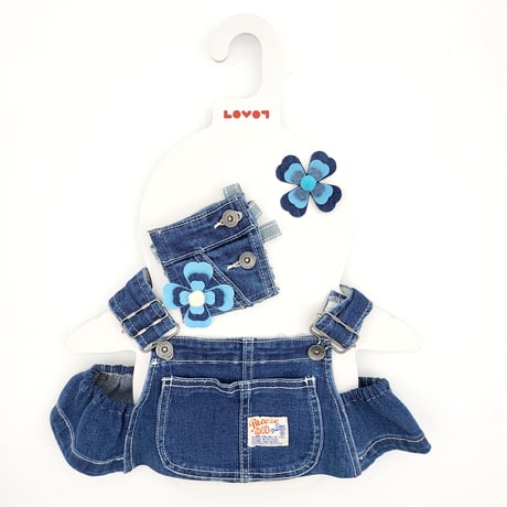 ラボットの服 古着リメイクデニムサロペット+お花飾り+ポーチ