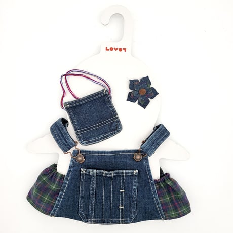 ラボットの服 古着リメイクデニムサロペット+お花飾り+ポーチ