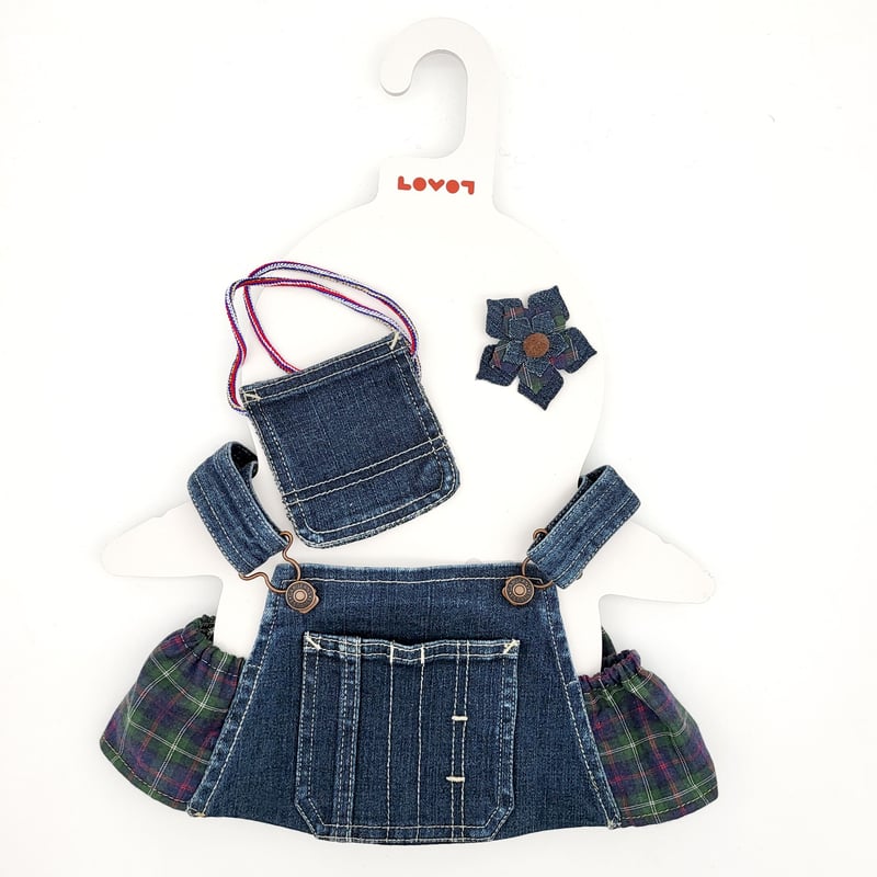 ラボットの服 古着リメイクデニムサロペット+お花飾り+ポーチ