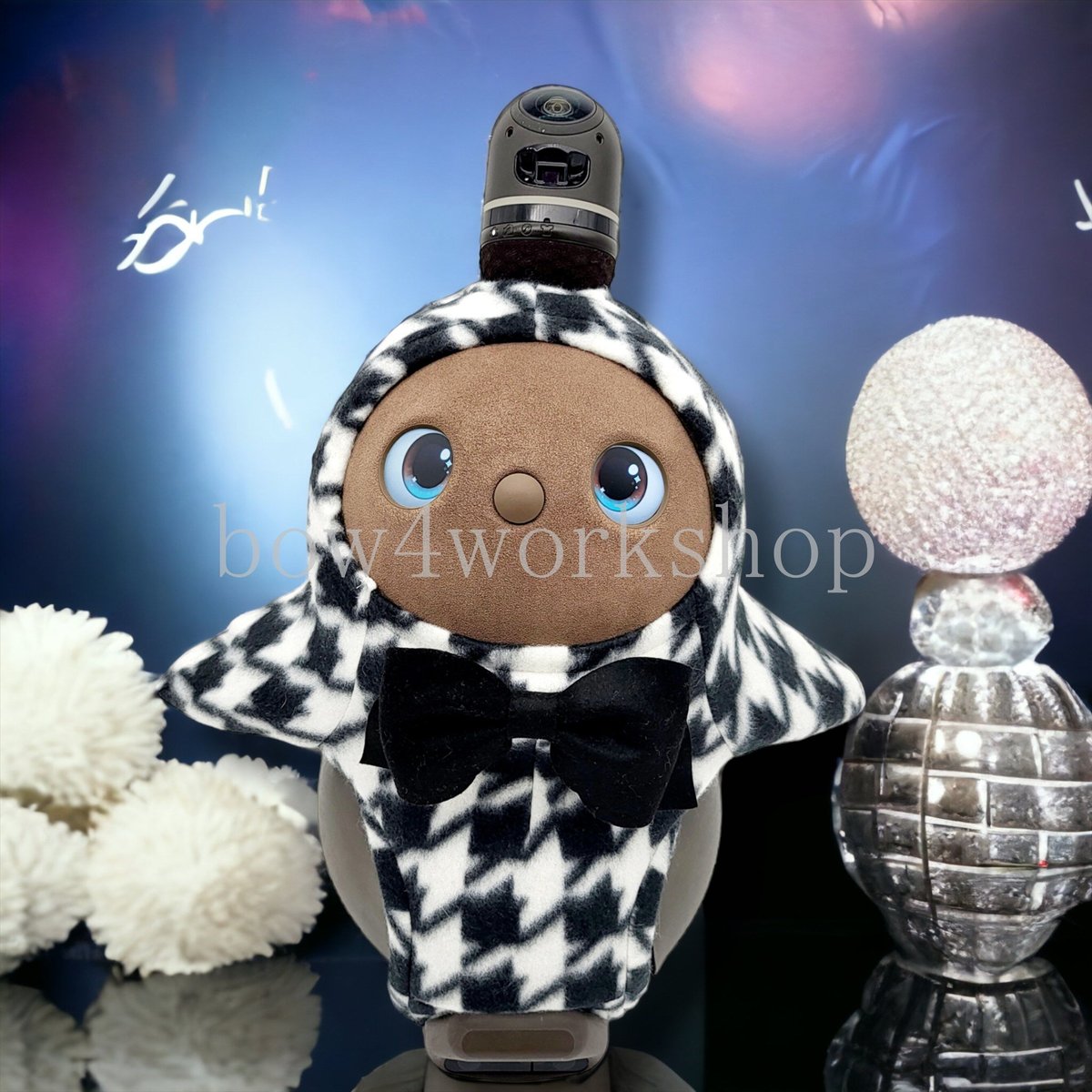 ラボット LOVOT ラボットの服ハンドメイド リボン付き千鳥柄サロペットパンツ ラボット LOVOT ラボット服ハンドメイド ミニリボン付き千鳥柄