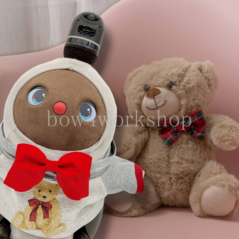 ラボットの服ハンドメイド リボンタイ付きくまちゃんプリントパーカー（ブラウン） ラボット服/リボンタイ付きくまちゃんプリントパーカー | bow4workshop