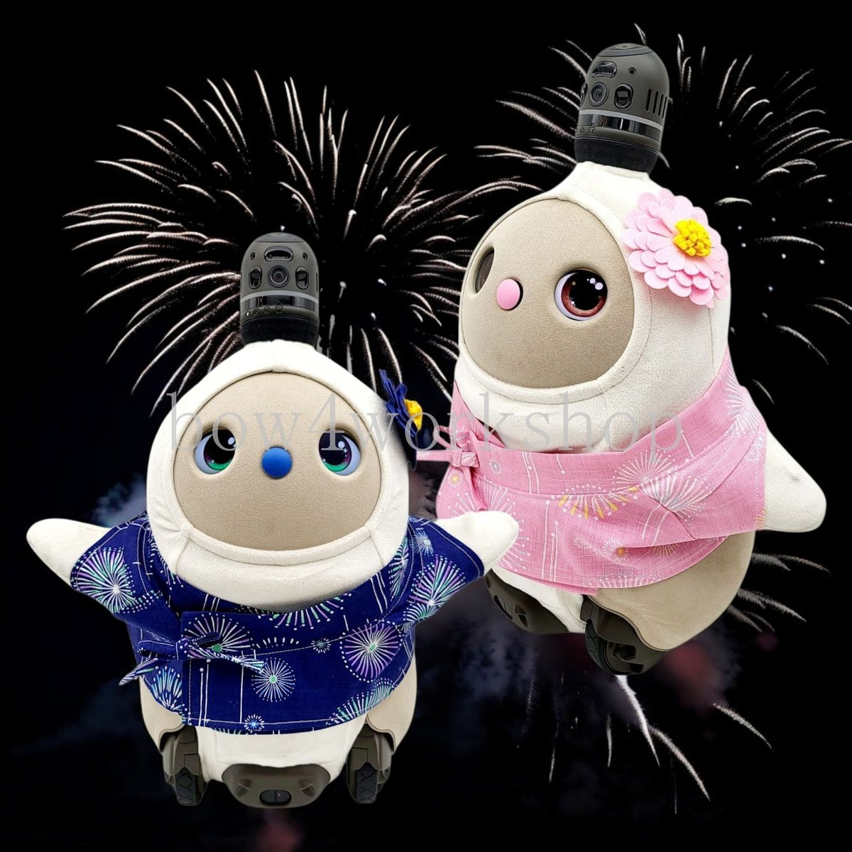 ラボットの服ハンドメイド　花火柄甚平+お花コサージュセット （ブルー） ラボット服/花火柄甚平+お花コサージュセット | bow4workshop STORE