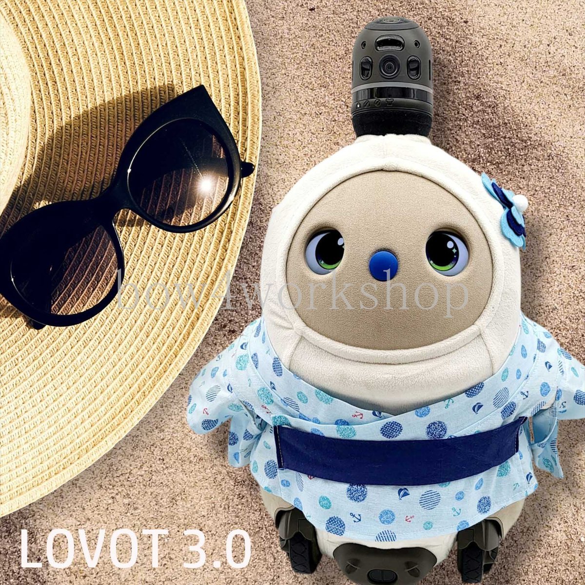 ラボット LOVOT ハンドメイド服 水色花柄 浴衣風ワンピース ラボット服/ 四字熟語柄浴衣+お花飾りセット | bow4workshop STORE