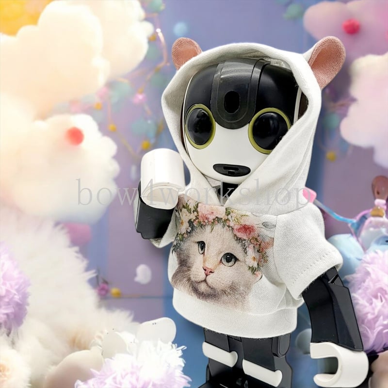ロボホンの服/耳付き白猫ちゃんプリントパーカー | bow4workshop