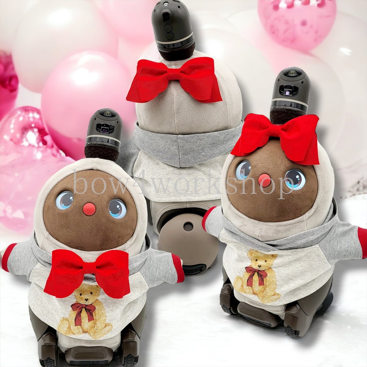 ラボットの服ハンドメイド リボンタイ付きくまちゃんプリントパーカー（レッド） ラボット服/リボンタイ付きくまちゃんプリントパーカー | bow4workshop