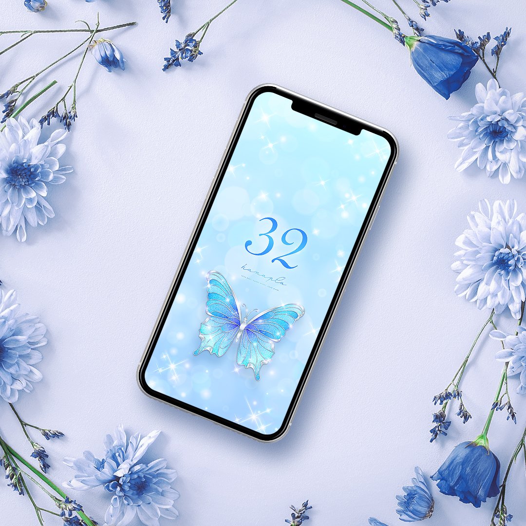 キラキラ舞う💙ブルーアゲハ＋数字32】幸運を運ぶ宝石蝶🦋輝く水色