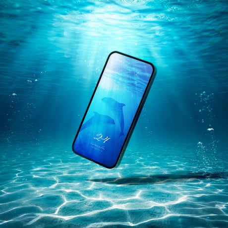 【浄化と平和のブルーイルカ＋数字24】心を浄化して平和をもたらす！光差し込む海と２匹のクリアマインドな青イルカのスマホ壁紙