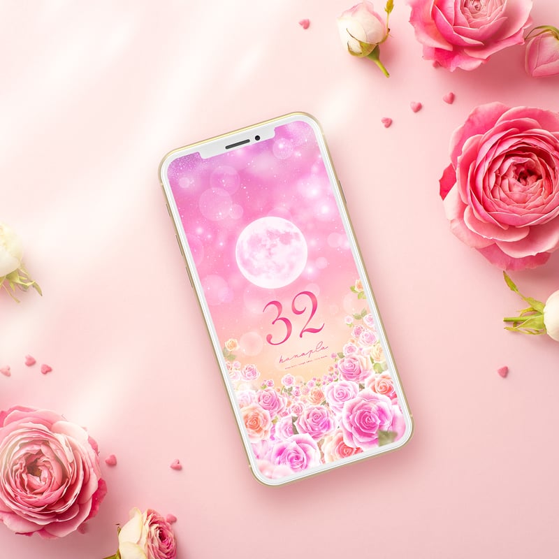 【BURGA】薔薇・ガーデン・花畑〇Bloomy Garden☆スマホ全種対応 ピンクバラ園のフラワームーン+数字32】月夜に咲き誇るローズ
