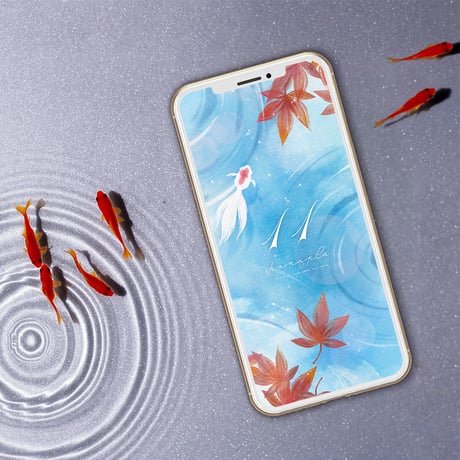 【金運金魚と紅葉＋数字11】真っ赤に色づく楓で開運！清水を泳ぐ縁起良い白金魚と赤色モミジのスマホ壁紙