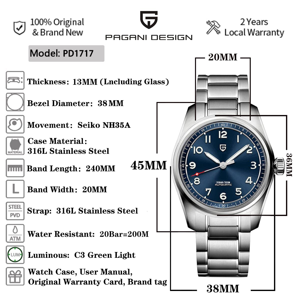 PAGANI DESIGN 、自動巻き、PD-1717 ▶️ Pagani Design PD-1717 | Seiko NH35 | 316L Stainless