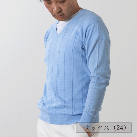 【綿100%／撚り杢ニット】 H・L アッシュエル メンズ 14G 撚り杢ケーブル Vネックニット 春夏秋用 パステルカラー