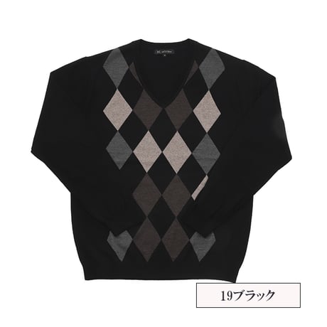 【洗濯可能なニット】キャッシュウールVネックセーター ウール100％ 全3色 M-2L アーガイル柄 柔らかい