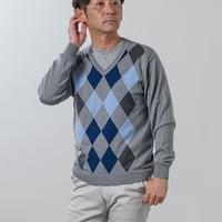 【洗濯可能なニット】キャッシュウールVネックセーター ウール100％ 全3色 M-2L アーガイル柄 柔らかい