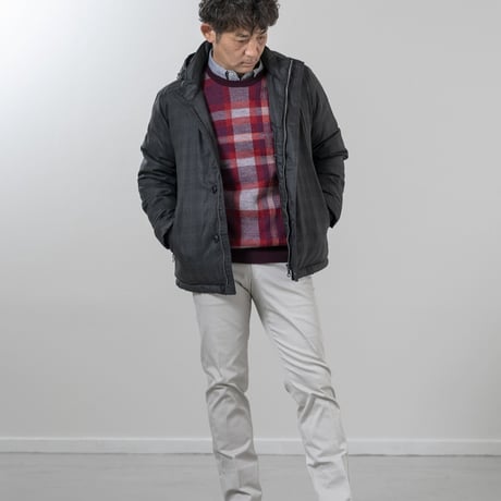 【水を弾くダウンコート】ハーフ丈 ウーリーチェック柄 全2色 M-L 防寒 フード取り外し可能 ゆったり 袖丈アジャスト可能 暖かい