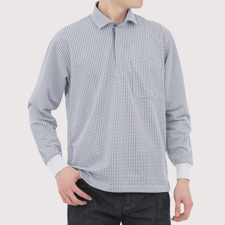 【SALE30％OFF】【日本製・リブ袖・イージーケア】 H・L アッシュ・エル メンズ 変形千鳥格子 ジップアップポロシャツ