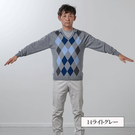【洗濯可能なニット】キャッシュウールVネックセーター ウール100％ 全3色 M-2L アーガイル柄 柔らかい