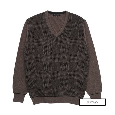 【カシミヤ100％】メンズ 12G パッチワークニット Wジャガード 上質な風合い 贅沢ニット