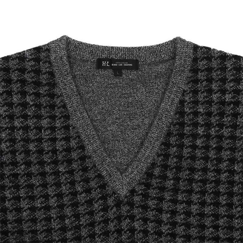 カシミヤ100％】12G変形千鳥格子 ジャガード Vネックセーター