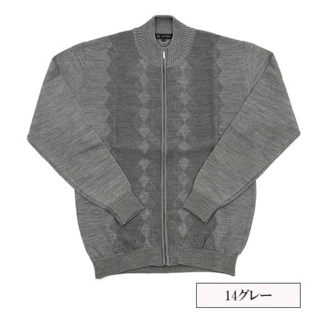 【洗濯可能なニット・日本製】ウール混 デザインニット フルジップ 全3色 M-2L ダイヤ柄 ハイネック オフィス カジュアル