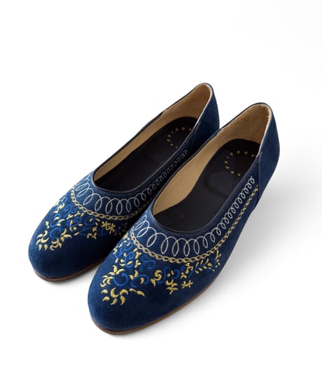 【残り1点】Post Production / Dress Pumps Embroidery Lamb Suede -Blue-