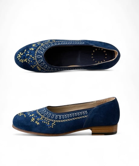 【残り1点】Post Production / Dress Pumps Embroidery Lamb Suede -Blue-