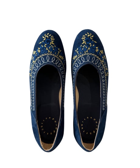 【残り1点】Post Production / Dress Pumps Embroidery Lamb Suede -Blue-