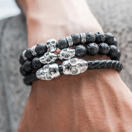 SkeletonHD スケルトンエイチディー ブレスレット Genuine Leather Silver Twin Skull Bracelet GLS-001