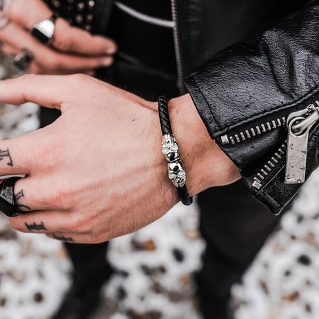 SkeletonHD スケルトンエイチディー ブレスレット Genuine Leather Silver Twin Skull Bracelet GLS-001