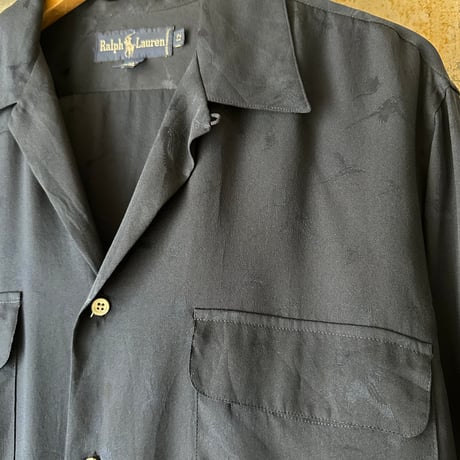 90s Ralph Lauren Open collar Silk Shirt ネイビー
