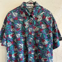 90s Columbia short sleeve BD shirt 半袖アウトドアフィッシング魚ルアー総柄